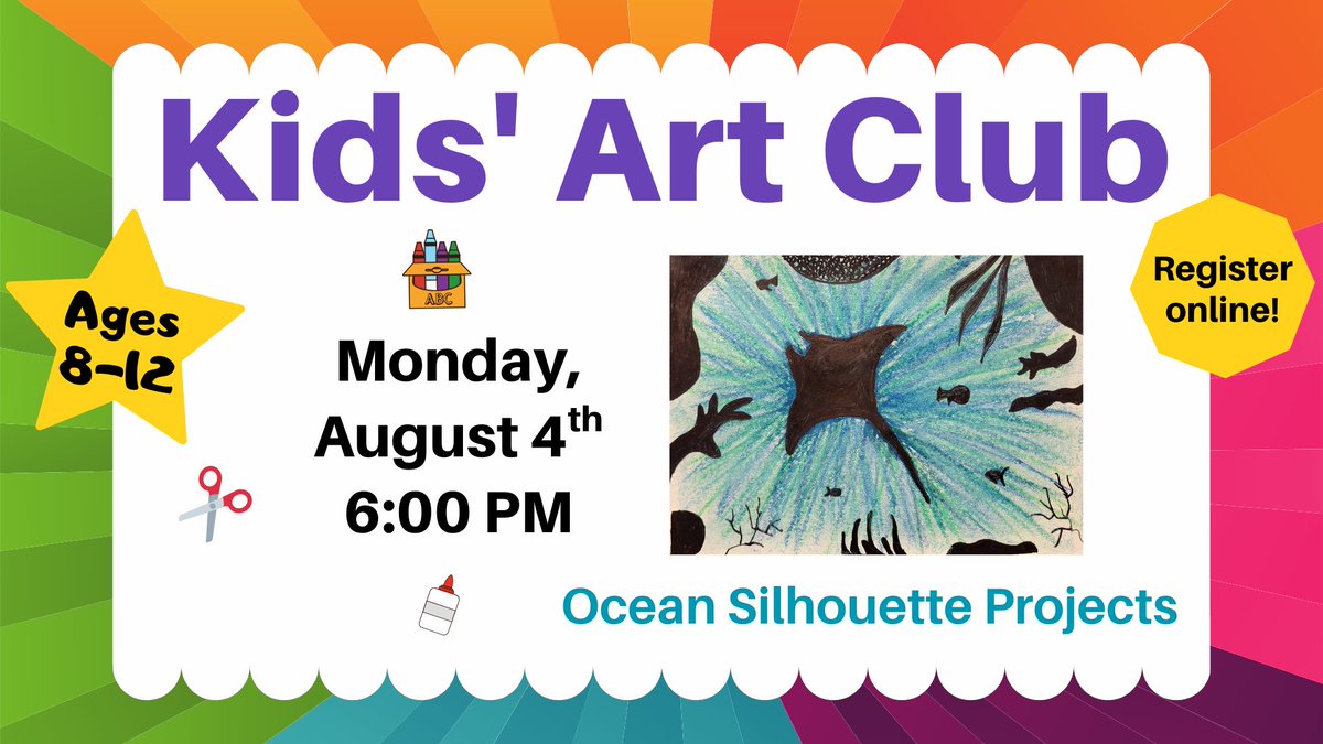 LinPubLibRI's tweet image. Registration is now open for our next Kids' #Art Club meeting. We'll be making #ocean silhouette projects. Sign up online at lincolnlibrary.libcal.com/event/14233638