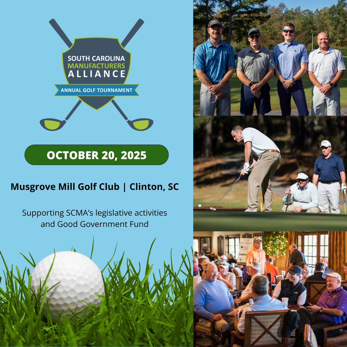 SCManufacturers's tweet image. The SCMA Golf Tournament is more than a round of golf—it’s an opportunity to support a stronger, united voice for manufacturing in South Carolina. Secure your team: scma.glueup.com/event/2025-scm…