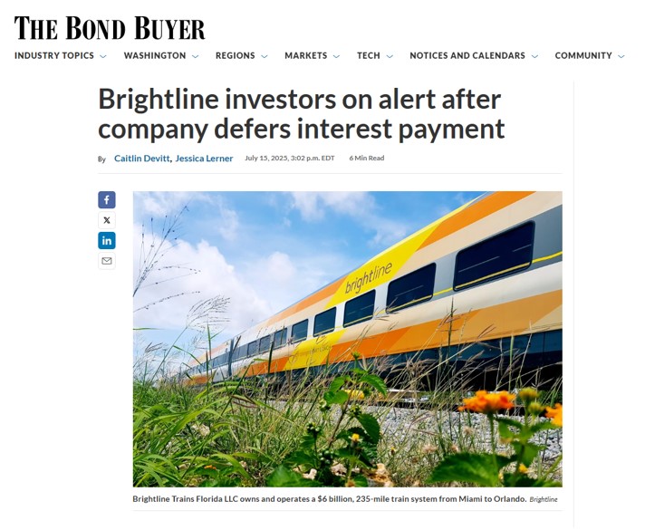 GreyValue's tweet image. 𝗕𝗿𝗶𝗴𝗵𝘁𝗹𝗶𝗻𝗲'𝘀 𝗣𝗿𝗼𝘀𝗽𝗲𝗰𝘁𝘀 𝗗𝗶𝗺
I had an interesting conversation with @jesslerner at @TheBondBuyer regarding the @GoBrightline's recent missed interest payment.
I doubt anyone familiar with the situation was surprised by the deferral. Even the conservative…