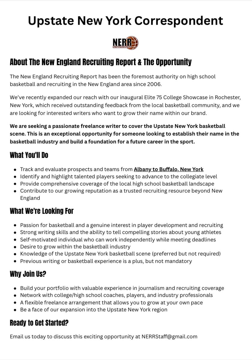 FREELANCE OPPORTUNITY W/ NERR 🏀

After the success of our Elite 75 College Showcase in Rochester, NERR is looking for a correspondent to cover high school basketball in Upstate New York. 

This opportunity is perfect for someone passionate about the game and wants to build their