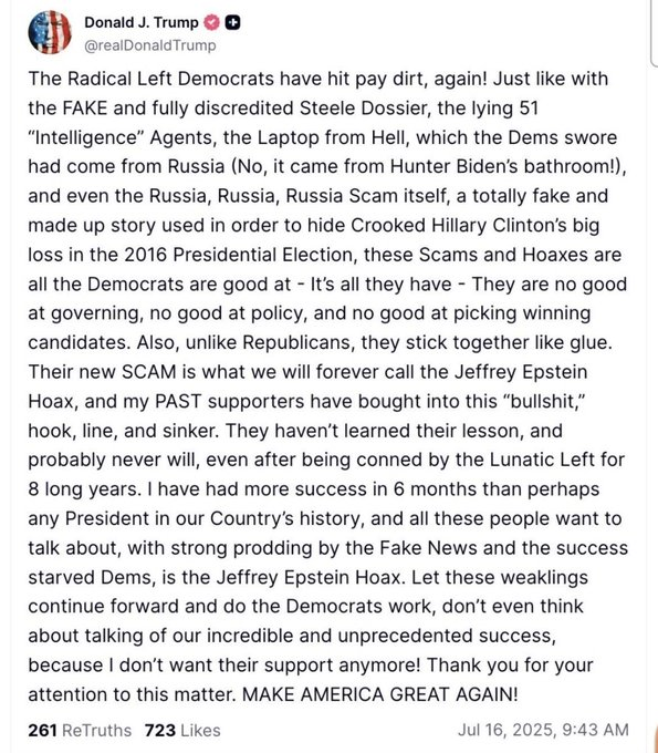 Trump is having another Epstein related crash out: "pleeeeeeese stop talking about Epstein"