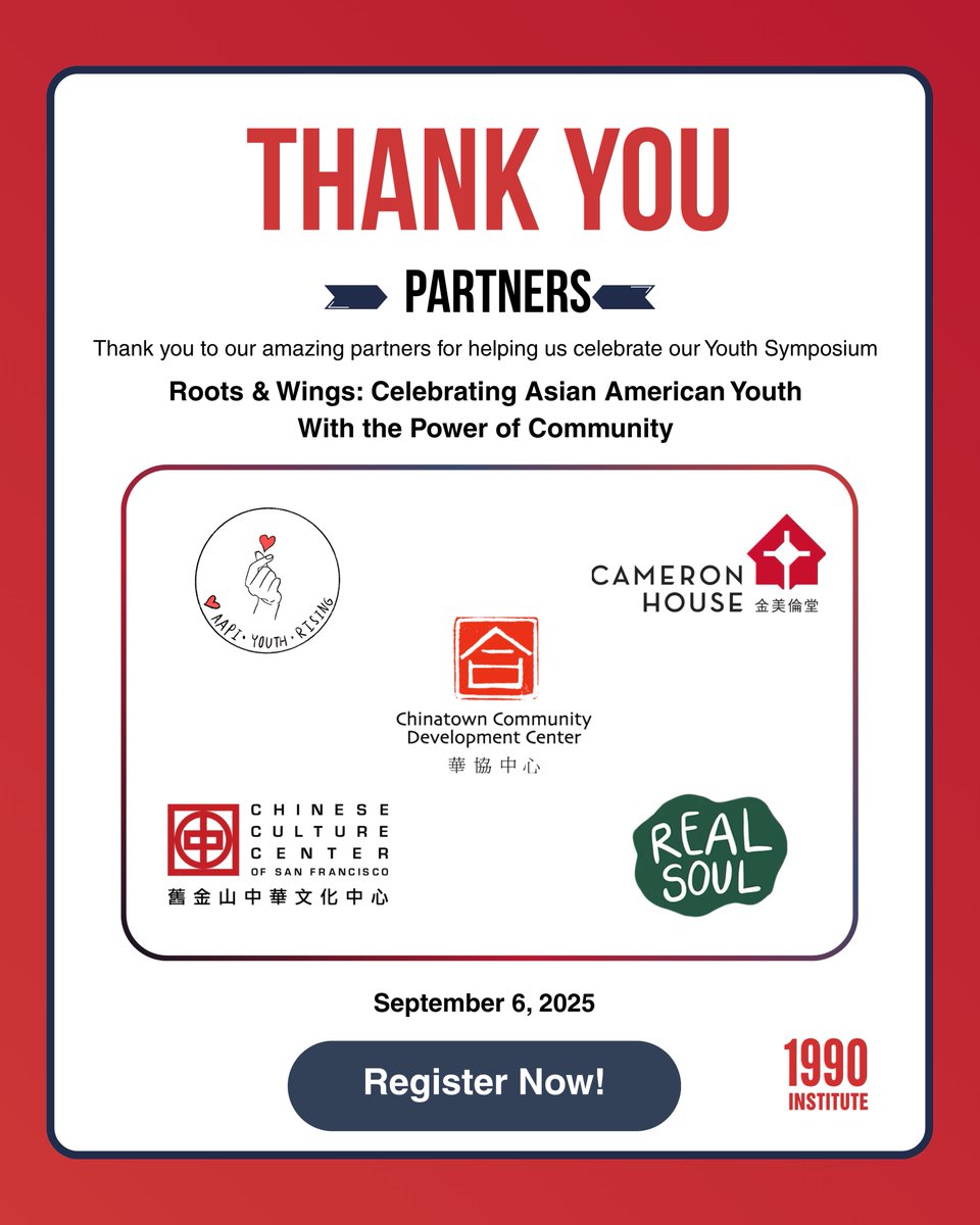 1990Institute's tweet image. Huge thanks to our amazing partners for supporting our work to uplift Asian American youth 💛

@aapiyouthrising @cameronhousesf @chinatowncdc @ccdc_usa

Be part of the movement — register now: eventbrite.com/e/the-2025-asi…

#RootsAndWings2025 #AAPIYouth
