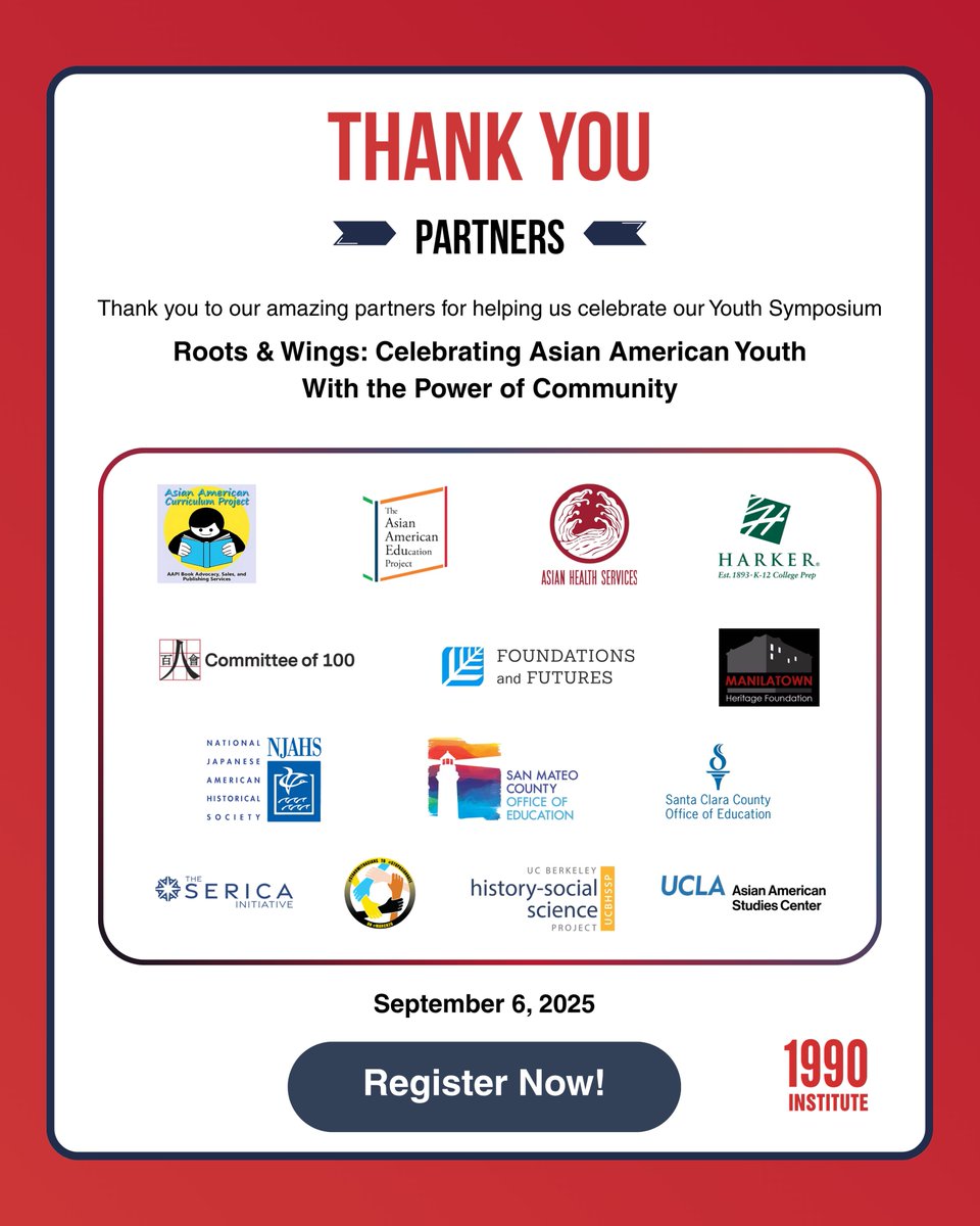 1990Institute's tweet image. Huge thanks to our amazing partners for supporting our work to uplift Asian American youth 💛

@aapiyouthrising @cameronhousesf @chinatowncdc @ccdc_usa

Be part of the movement — register now: eventbrite.com/e/the-2025-asi…

#RootsAndWings2025 #AAPIYouth