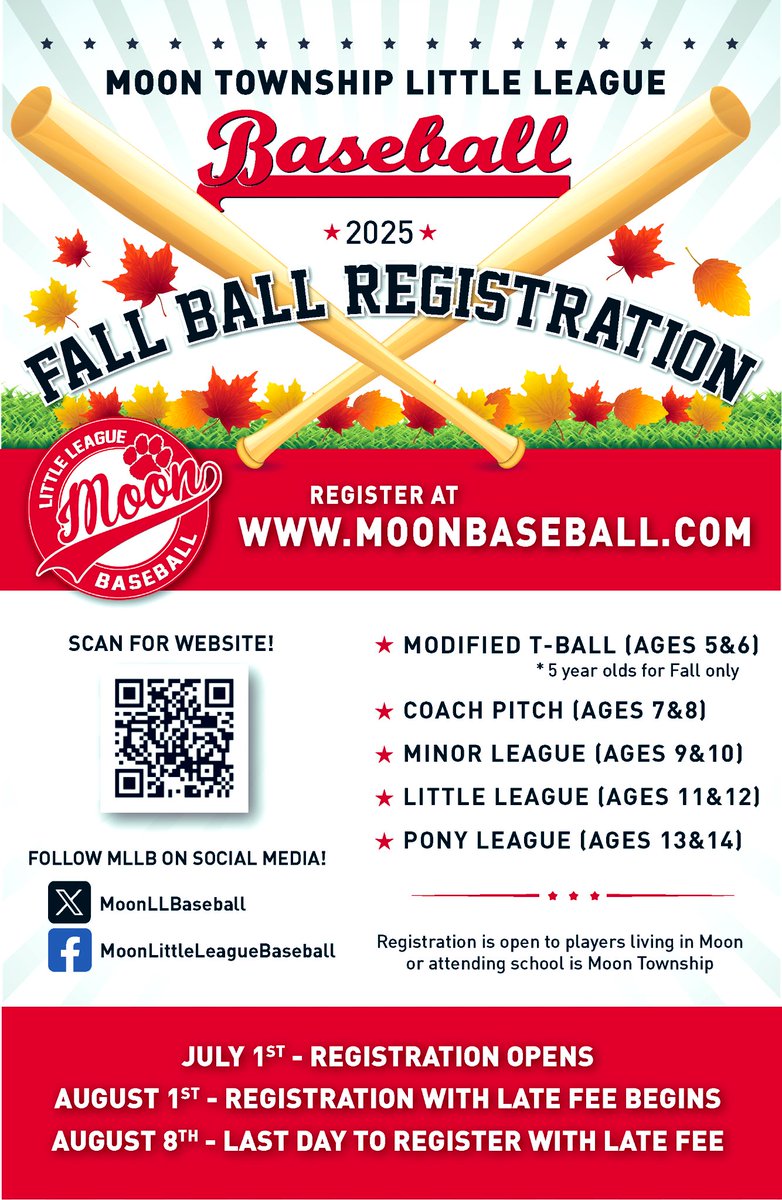 MoonLLBaseball's tweet image. A couple exciting Announcements for Summer/Fall! 

⚾️📋2025 Fall Signups are  Open! moonbaseball.com

🐅⚾️Fall Merch Link! tsportswear.chipply.com/mllbapparel/?a…

📣⚾️ Two Youth Days in August  at PNC Park! moonbaseball.com/Default.aspx?t…