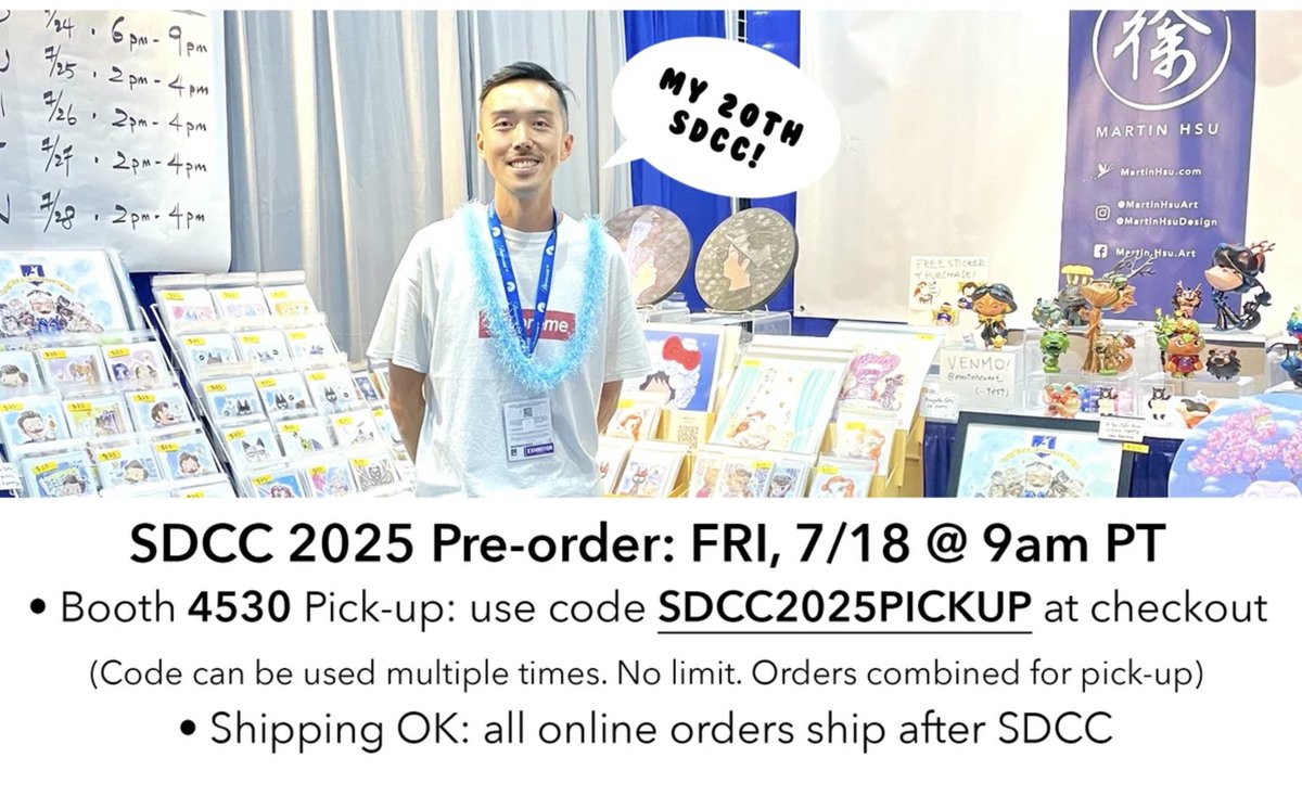 1 week from #SDCC Preview Night 2025! 🥳 Excited to share my last pre-order for shipping and pick-up is this Friday at 9am PT (one-day only). Use same code to combine orders 🫰🏻

Adding new small originals and surprises today and tomorrow! martinhsu.bigcartel.com/category/sdcc-… 💖