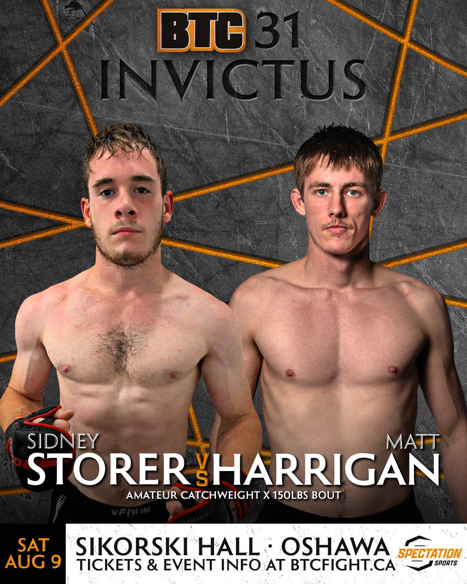 BTCFight's tweet image. First 3 Fights for #BTC31 in Oshawa on August 9th, including our first amateur title fight!!
Keegan Chiasson (4-3) vs. Uros Bozic (6-1) for the BTC Amateur Featherweight Championship
Jeff Tomaszewski (3-2) vs. Chase Stevenson (2-2)
Sidney Storer (1-1) vs. Matt Harrigan (1-1)