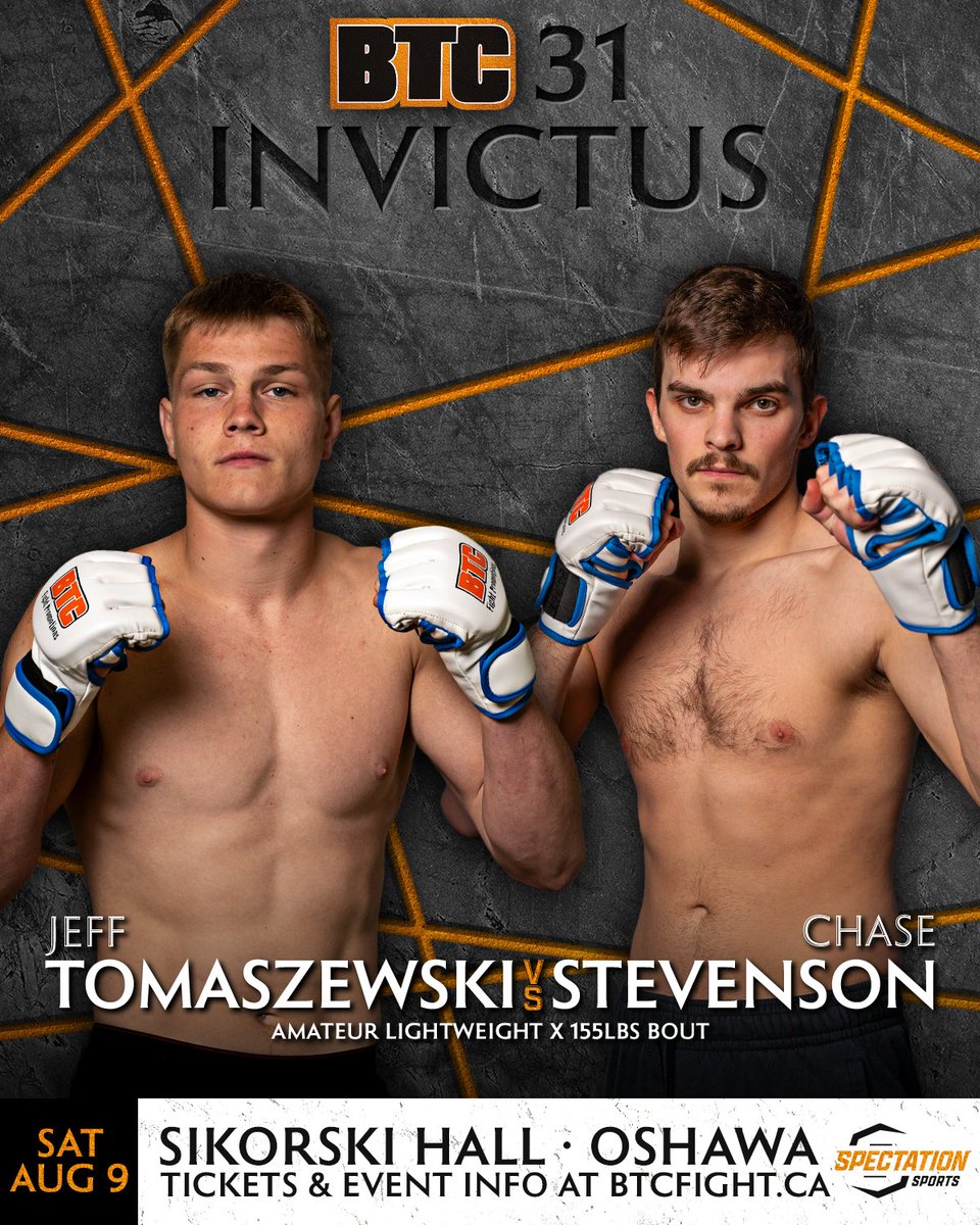 BTCFight's tweet image. First 3 Fights for #BTC31 in Oshawa on August 9th, including our first amateur title fight!!
Keegan Chiasson (4-3) vs. Uros Bozic (6-1) for the BTC Amateur Featherweight Championship
Jeff Tomaszewski (3-2) vs. Chase Stevenson (2-2)
Sidney Storer (1-1) vs. Matt Harrigan (1-1)