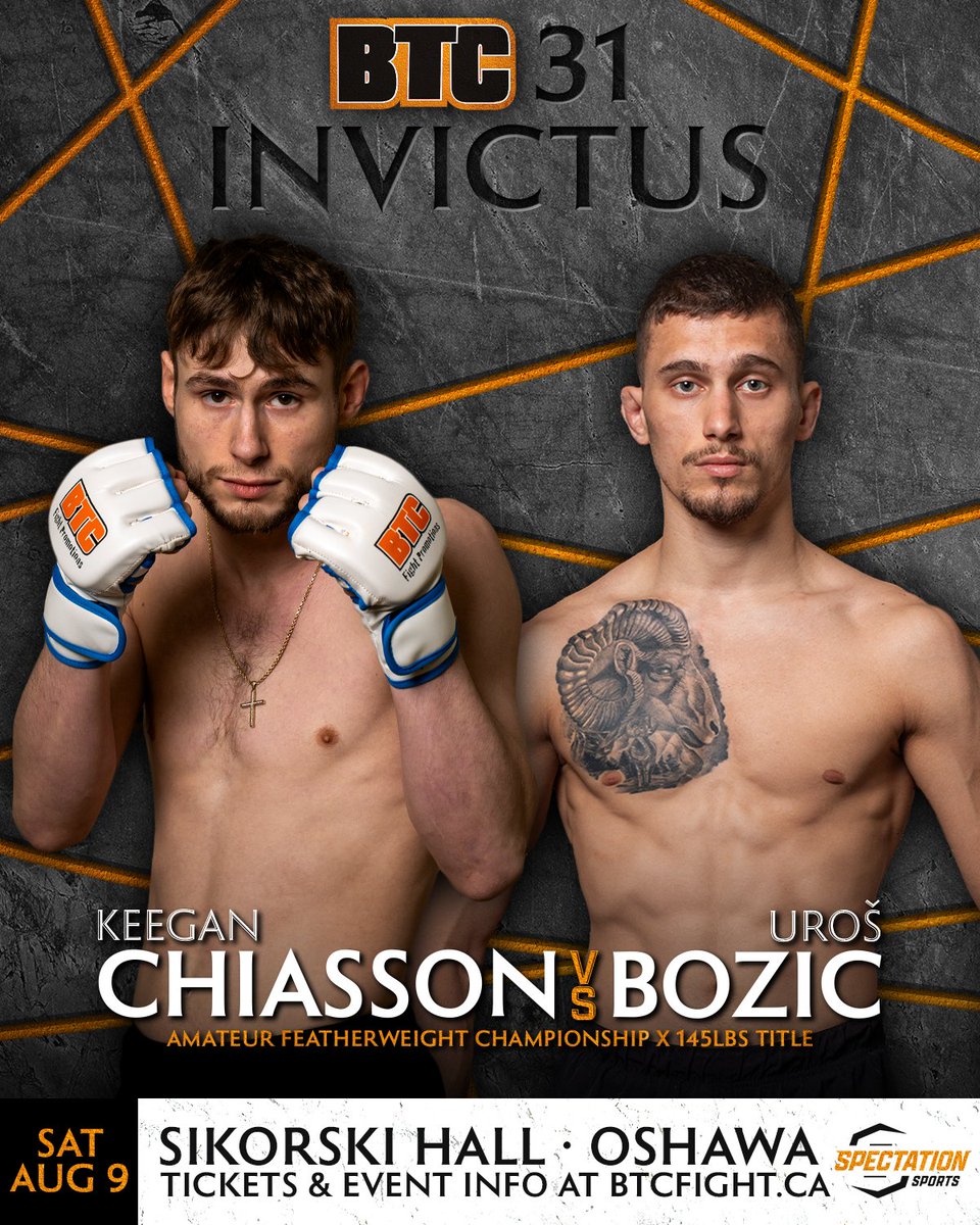 BTCFight's tweet image. First 3 Fights for #BTC31 in Oshawa on August 9th, including our first amateur title fight!!
Keegan Chiasson (4-3) vs. Uros Bozic (6-1) for the BTC Amateur Featherweight Championship
Jeff Tomaszewski (3-2) vs. Chase Stevenson (2-2)
Sidney Storer (1-1) vs. Matt Harrigan (1-1)