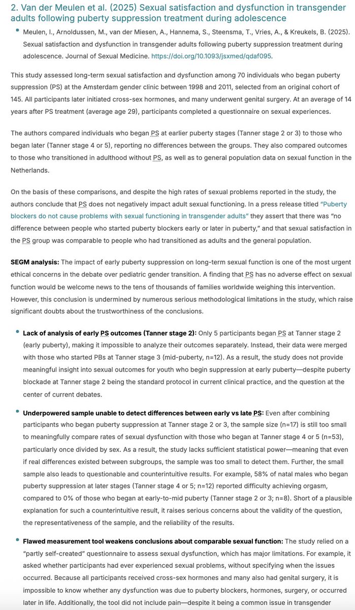 van der Meulen et al. (2025)
This study from the Amsterdam gender clinic claims early PB use does not impair adult sexual function or satisfaction. We disagree. Our analysis—featured in this issue—explains why the study's own data raise serious concerns./3
segm.org/SEGM-Digest-Is…