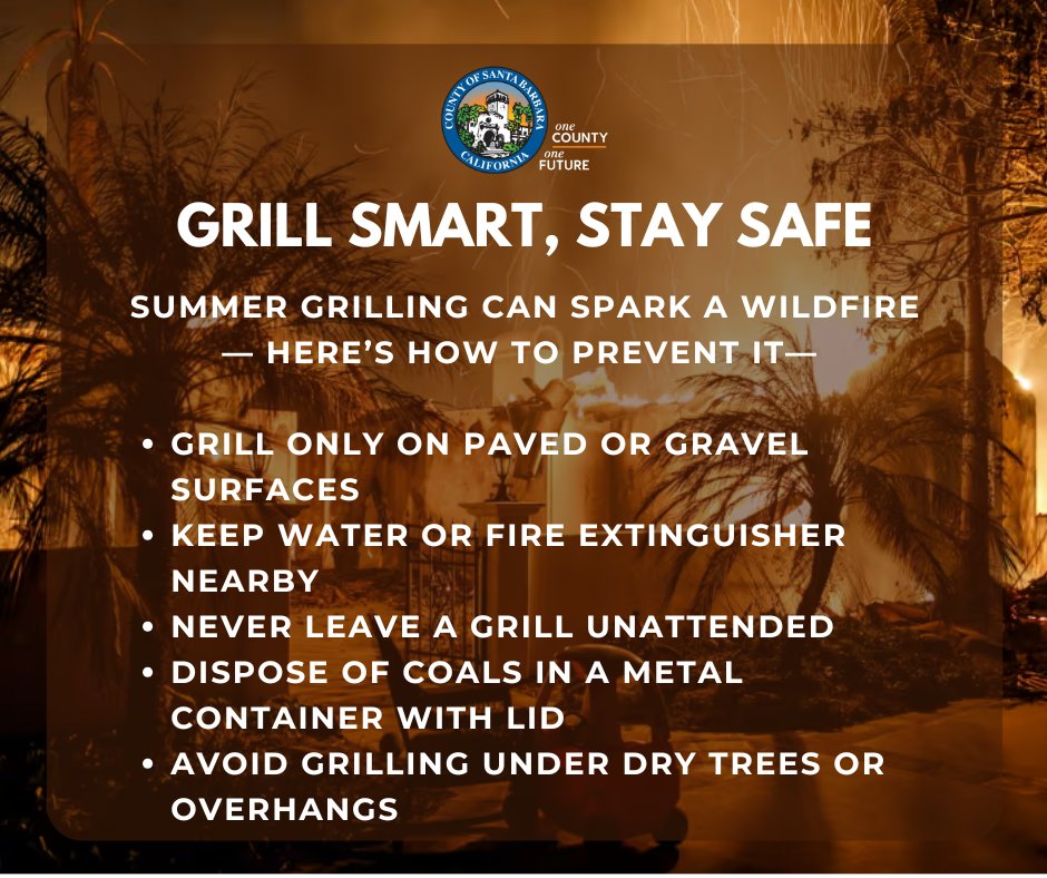 countyofsb's tweet image. Grill smart, stay safe! 🔥🍔
Be mindful next time you think about using a grill. Your actions can make a huge impact‼️
To learn more about wildfire prevention visit sbcfire.com/wildfire/
#SantaBarbaraCounty #WildfirePrevention #EmergencyPrevention #FireSeason
