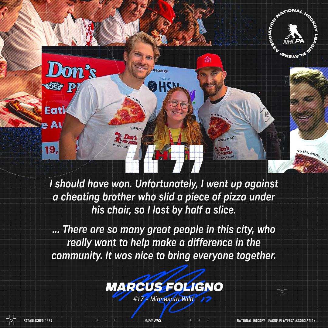 NHLPA's tweet image. As #HockeyFightsCancer Champions, brothers Marcus and Nick Foligno have an insatiable hunger for helping the causes closest to them 🍕
The brothers got saucy with their sibling rivalry on stage to help to raise funds for the Janis Foligno Foundation and @HSN_Sudbury in their…