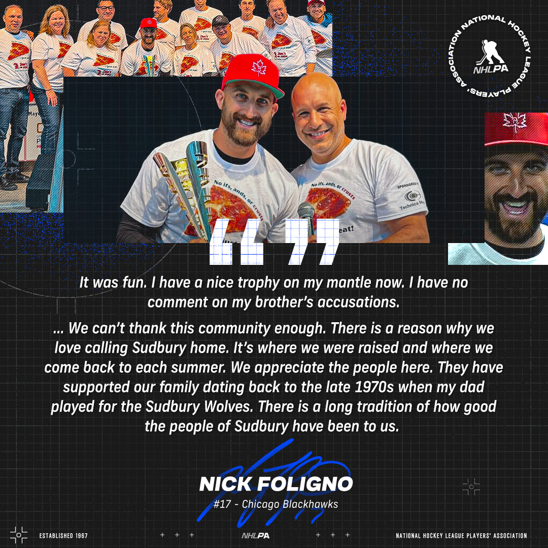 NHLPA's tweet image. As #HockeyFightsCancer Champions, brothers Marcus and Nick Foligno have an insatiable hunger for helping the causes closest to them 🍕
The brothers got saucy with their sibling rivalry on stage to help to raise funds for the Janis Foligno Foundation and @HSN_Sudbury in their…