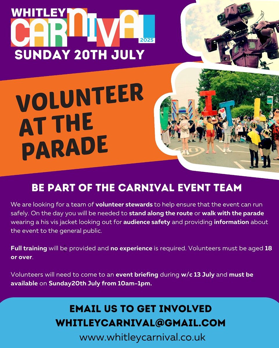 Whitley_CDA's tweet image. Want to be part of Whitley Carnival?
They are looking for volunteer stewards to help keep the parade safe and fun on Sun 20 July.
No experience needed, full training provided. Must be 18+.
Get involved: whitleycarnival@gmail.com
More info: whitleycarnival.co.uk
