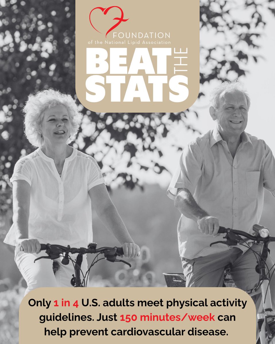 foundationofnla's tweet image. Only 1 in 4 U.S. adults get enough physical activity — but you can help change that. 💪
Join the #BeatTheStats movement & aim for 150 minutes/week to support your heart health.🫀
Track your progress in YuMuuv (code LIPID-MOVES)! Join now through Oct. 17! yumuuv.com/en/get