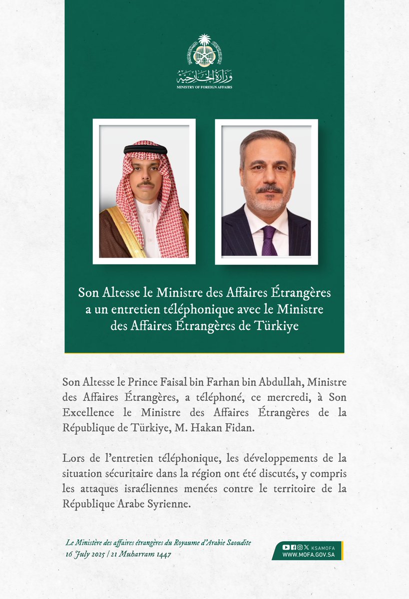 Ministère des Affaires Étrangères 🇸🇦 (@ksamofafra) on Twitter photo 🇸🇦📞🇹🇷| Son Altesse le Prince <a href="/FaisalbinFarhan/">فيصل بن فرحان</a>, Ministre des Affaires Étrangères, a téléphoné, ce mercredi, à Son Excellence le Ministre des Affaires Étrangères de la République de #Türkiye, M. <a href="/HakanFidan/">Hakan Fidan</a>. 🇸🇦📞🇹🇷| Son Altesse le Prince <a href="/FaisalbinFarhan/">فيصل بن فرحان</a>, Ministre des Affaires Étrangères, a téléphoné, ce mercredi, à Son Excellence le Ministre des Affaires Étrangères de la République de #Türkiye, M. <a href="/HakanFidan/">Hakan Fidan</a>.