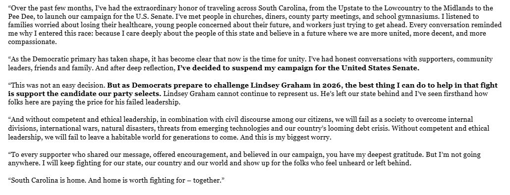 sophiebrams's tweet image. Inbox: Upstate Democrat Lee Johnson is suspending his 2026 campaign for Graham's U.S. Senate seat.
"As the Democratic primary has taken shape, it has become clear that now is the time for unity." #scpol