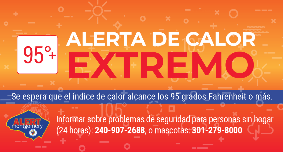 ReadyMontgomery's tweet image. Montgomery County has activated an Extreme Heat Alert for Thurs, 7/17 from 11am to 8 pm . Expect the heat index to be above 95 F. Stay hydrated and take precautions to protect yourself and pets from heat-related illness. More information: bit.ly/2tPbHyE #MoCo #MdWX