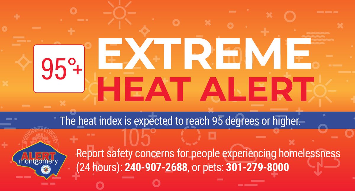 ReadyMontgomery's tweet image. Montgomery County has activated an Extreme Heat Alert for Thurs, 7/17 from 11am to 8 pm . Expect the heat index to be above 95 F. Stay hydrated and take precautions to protect yourself and pets from heat-related illness. More information: bit.ly/2tPbHyE #MoCo #MdWX