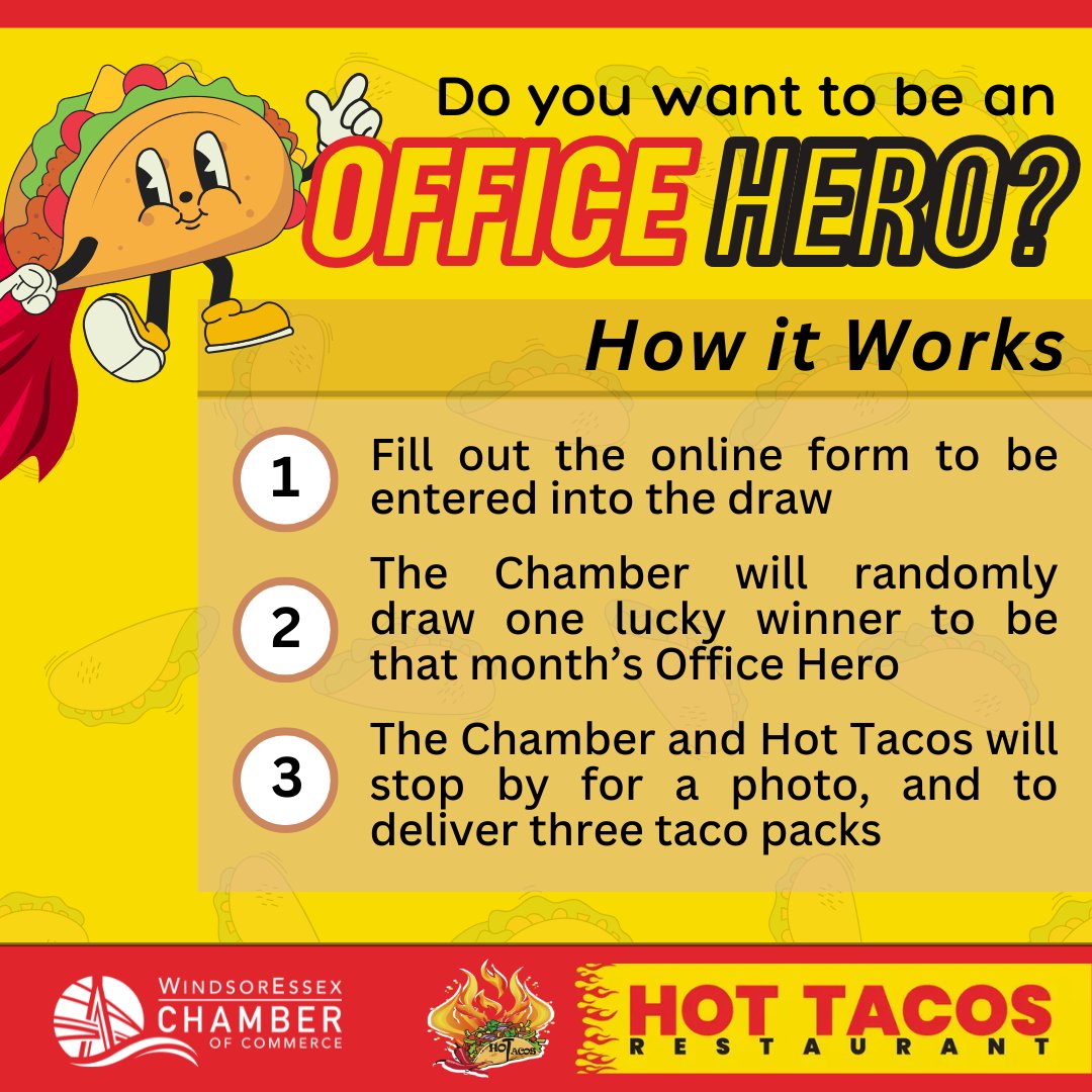 📢Do YOU want to be the next Office Hero?

Fill out the online form today and you could be the lucky recipient of three taco packs from the <a href="/WERCofC/">Windsor Essex Chamber of Commerce</a>'s new Office Hero sponsor, Hot Tacos 🌮

Click the link below to enter 👇
form.jotform.com/Windsor_Chambe…