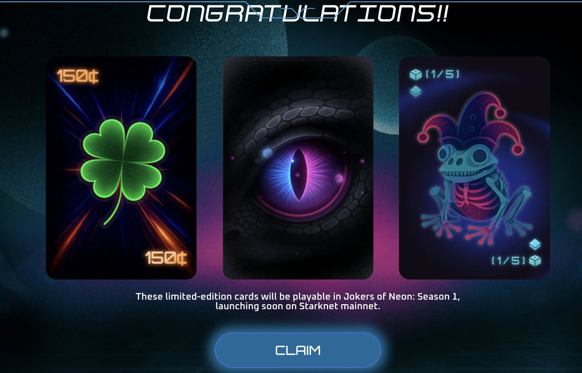 Just claimed 3 new cards on <a href="/jokers_of_neon/">Jokers of Neon</a> through the <a href="/playggxyz/">gg.xyz gaming</a> quests — the grind on Starknet never stops.

Every card is a weapon. Every quest, a move on the board.
 I don't play games. I play to win.