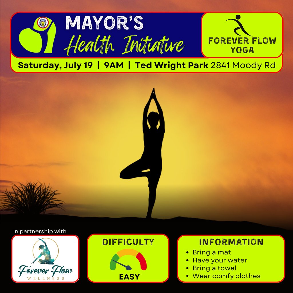 warnerrobinscvb's tweet photo. Start your Saturday with Forever Flow Yoga, part of the Mayor’s Health Initiative, on Saturday July 19 at 9AM at Ted Wright Park.

✨ Reduce stress
✨ Improve flexibility
✨ Boost overall well-being

This class is perfect for all fitness levels. https://t.co/wOMnXOyyEj