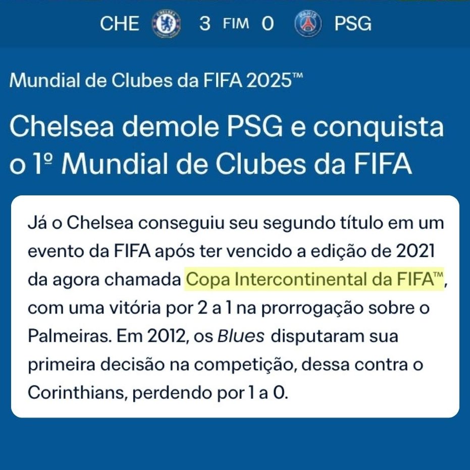 A <a href="/FIFAcom/">FIFA</a> confirmou que o <a href="/ChelseaFC/">Chelsea FC</a> é o vencedor do primeiro Mundial de Clubes com esse nome. Os anteriores são chamados de Copa Intercontinental. O mais irônico e saboroso é que a geração de Enzos, como <a href="/FabianoBaldasso/">Baldasso</a> e <a href="/sccpbimundial00/">⚫⚪ BI-MUNDIAL FIFA ⚫⚪ 2000 & 2012 🏆🏆 🇧🇷🇯🇵</a>, estão provando do próprio veneno.