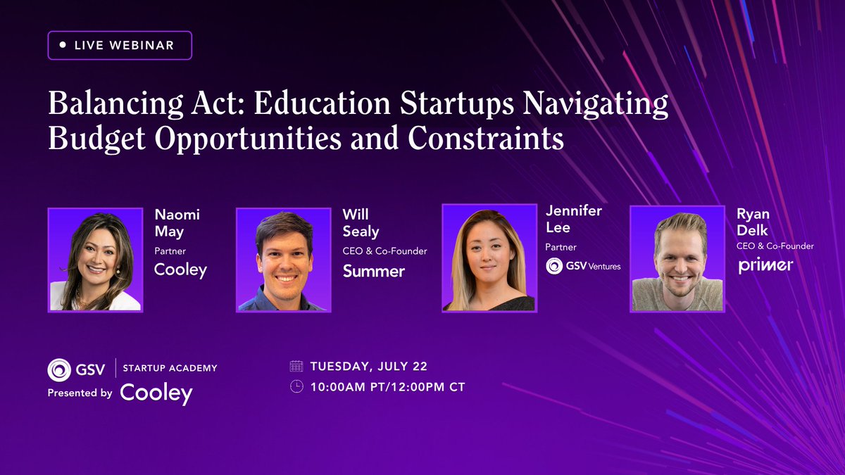 asugsvsummit's tweet image. RSVP for Startup Academy, presented by @CooleyLLP on July 22.
@willsealy (Co-Founder & CEO, @SavewithSummer) and Ryan @delk (Co-Founder & CEO, @Primer ) will discuss how startups are navigating shifting funding streams in conversation with Jennifer Lee (Partner, GSV…