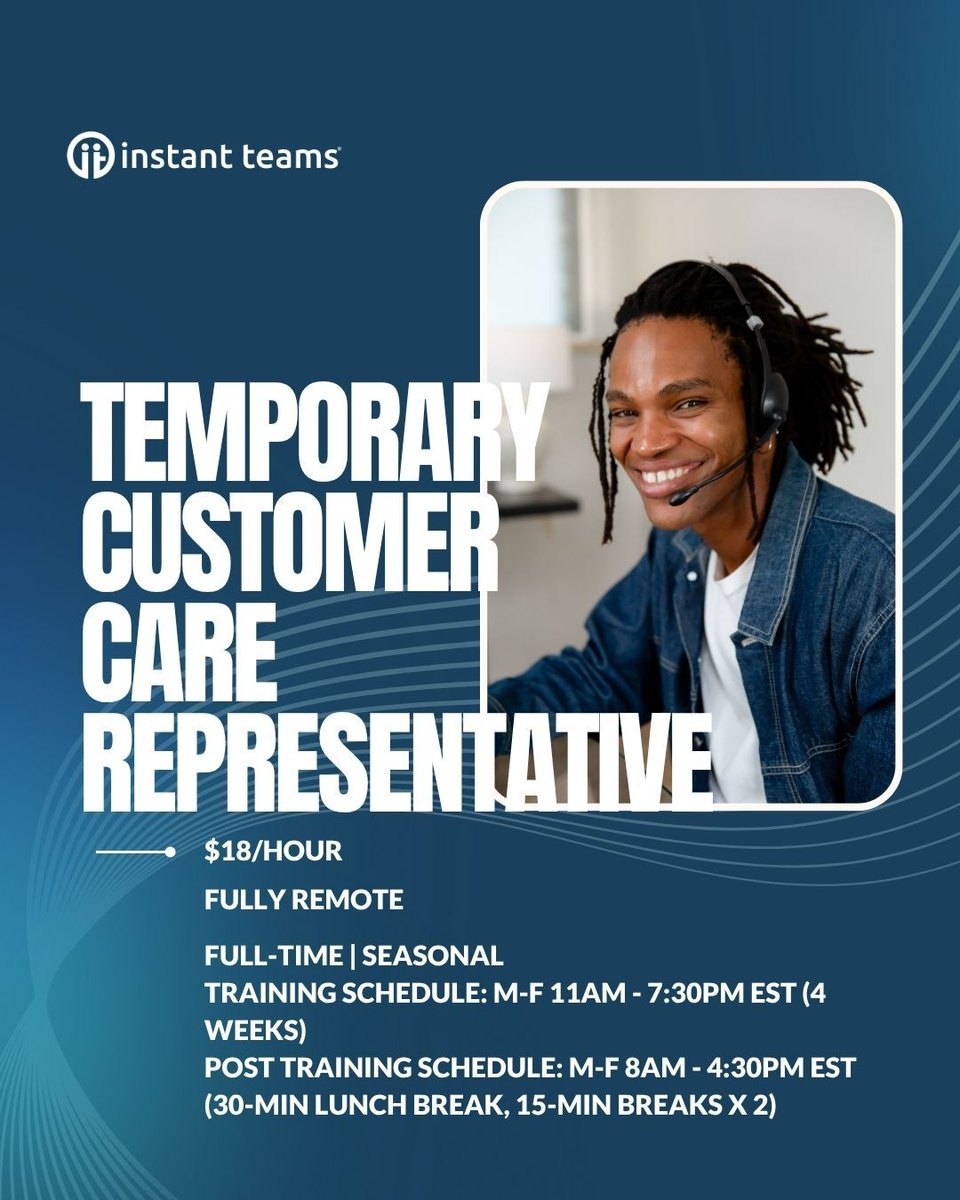 🎆HOT NEW JOB ALERT 🎆
We're hiring Temporary Customer Care Representatives! 
Find full details and apply today: hubs.la/Q03xwRDw0

#applynow #hiring #cx #customerrepresentative #customercare #remotework #remotejobs #militaryspousehiring #instantteams #aepramp