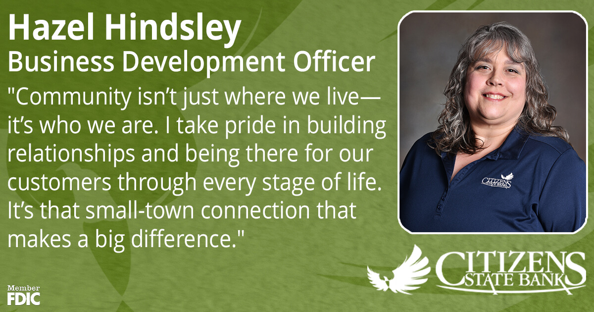🌟 Meet Hazel Hindsley. A life-long Randolph County resident, she’s committed to supporting her community and is passionate about helping local businesses succeed. 💼💙  

Learn how Hazel and Citizens State Bank can help your business thrive: 👉 hubs.ly/Q03jXPK-0
