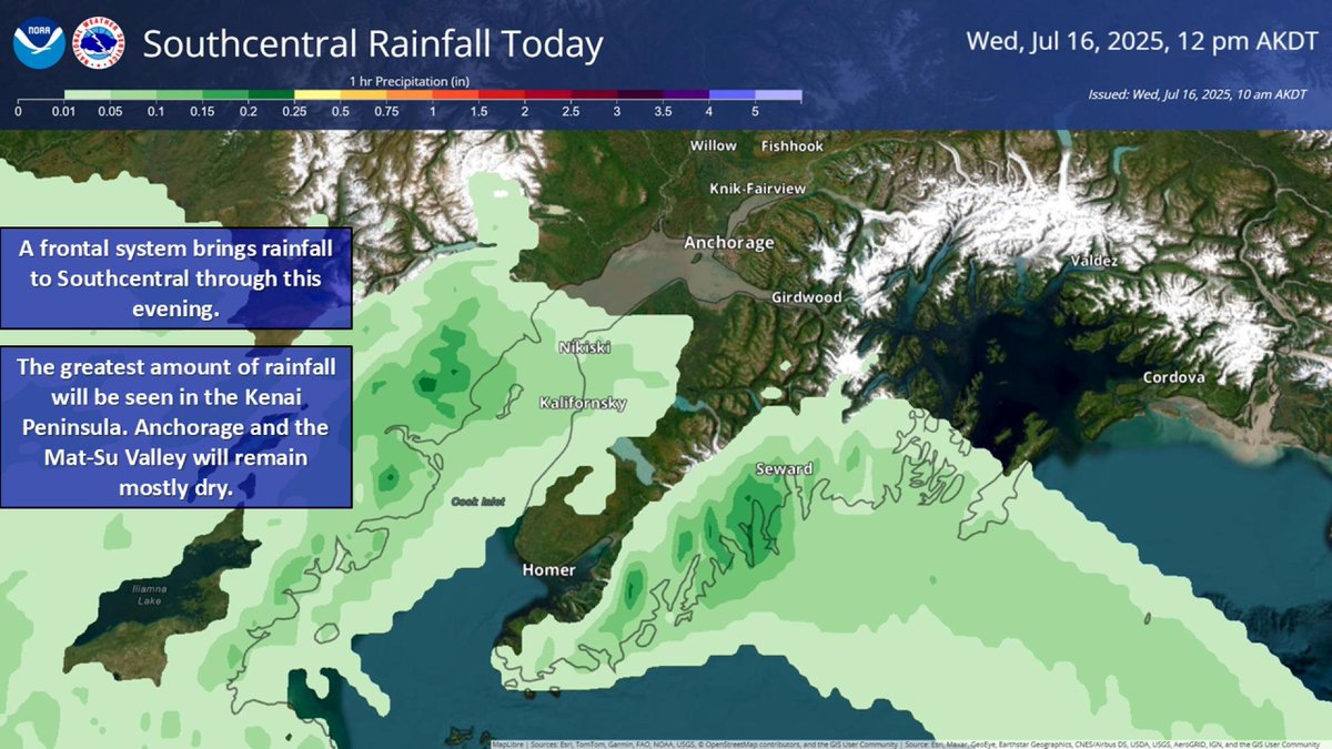 NWSAnchorage's tweet image. A frontal system brings rainfall to Southcentral through this evening. The greatest amount of rainfall will be seen in the Kenai Peninsula. Anchorage and the Mat-Su Valley will remain mostly dry.
