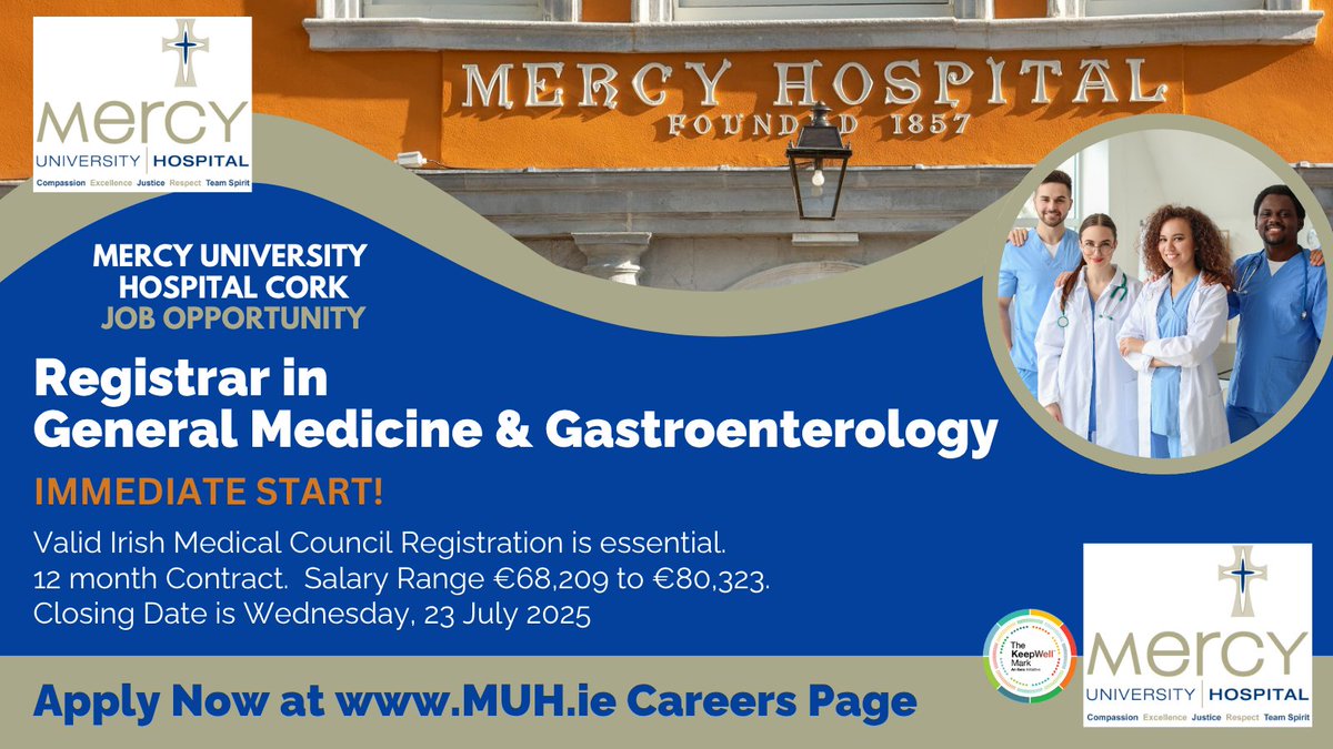 DeeORiordan8's tweet image. 🩺 Immediate Start! @Mercycork seeks #Registrar in #GeneralMedicine &amp;amp; #Gastroenterology ASAP.

#IrishMedicalCouncil Reg essential!
12 mth contract.
Salary Range €68,209 to €80,323
Closing Date Wed, 23 Jul 2025.

Apply Now: api.occupop.com/.../registrar-…

#HSEjobs #RegistrarJobs #IMC