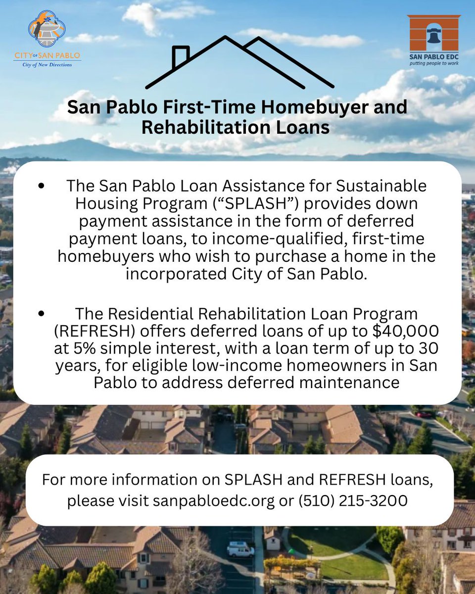 Exciting news for first-time homebuyers in San Pablo! Our SPLASH program offers deferred payment loans for down payment assistance, helping you achieve your dream of homeownership. Plus, the REFRESH program provides up to $40k for vital home repairs at just 5% interest!

Ready to