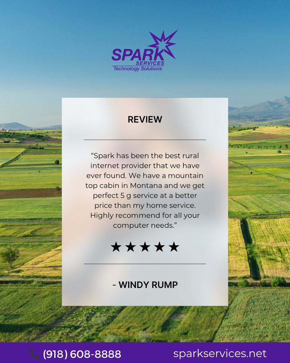 SPARK Services (@sparkitservices) on Twitter photo We love hearing this! 
Thank you for sharing your experience with SPARK. Whether it’s a mountain cabin or your business, we’re here to keep you connected with fast, reliable internet at great prices. 
#customerreview #happyclient #ruralinternet We love hearing this! 
Thank you for sharing your experience with SPARK. Whether it’s a mountain cabin or your business, we’re here to keep you connected with fast, reliable internet at great prices. 
#customerreview #happyclient #ruralinternet