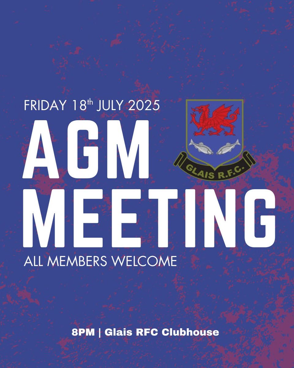 🔈 THIS FRIDAY 🔈

AGM at Glais RFC Clubhouse 
🕑 8pm 

All members welcome! 

#Glaisrfc