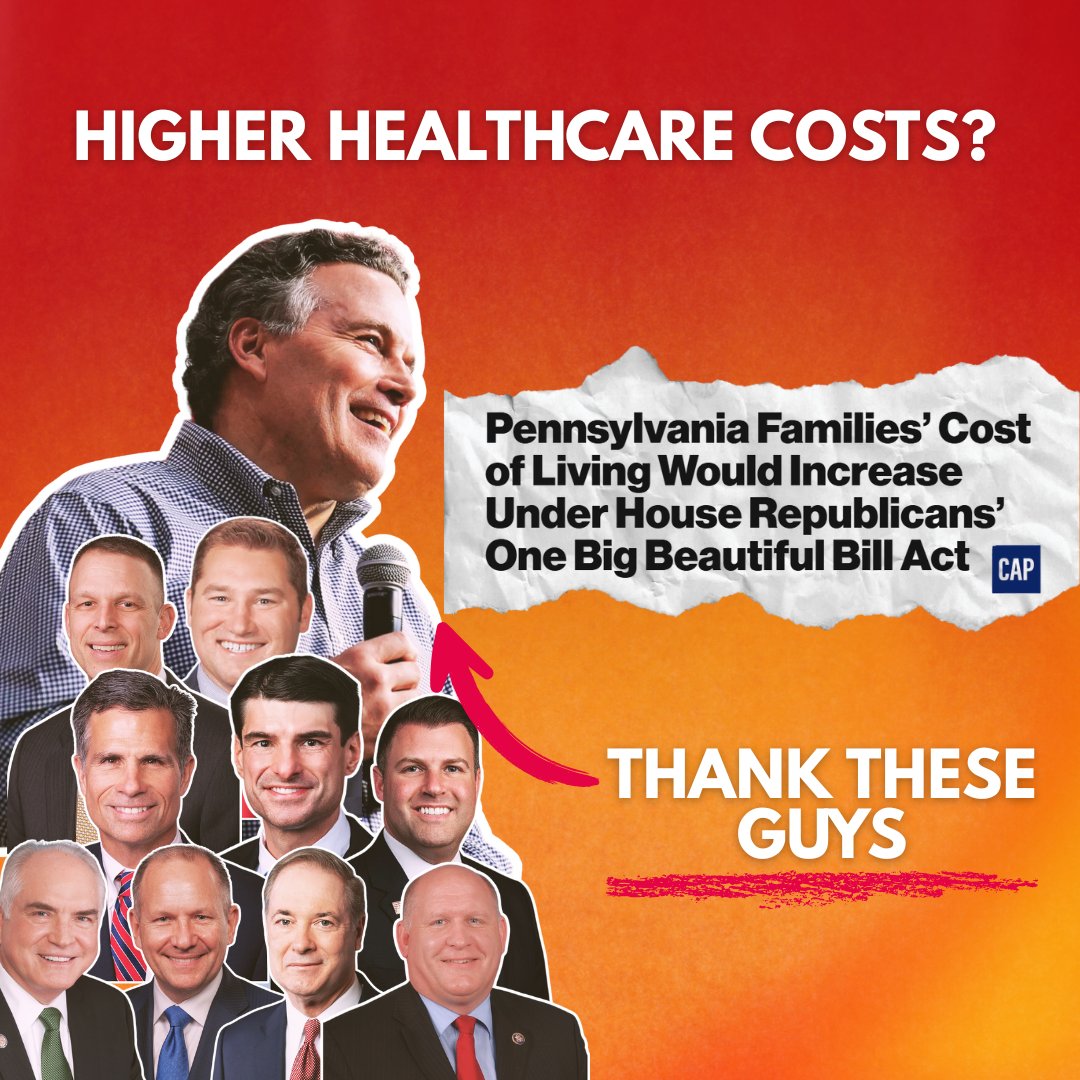 AllAboutPA's tweet image. Pennsylvanians’ healthcare costs are set to rise thanks to the Big Republican Bill.
It’s not just Medicaid- care will be more expensive and harder to get for everyone.
PA Republicans bent the knee to Trump and their billionaire donors to make life worse for Pennsylvanians.