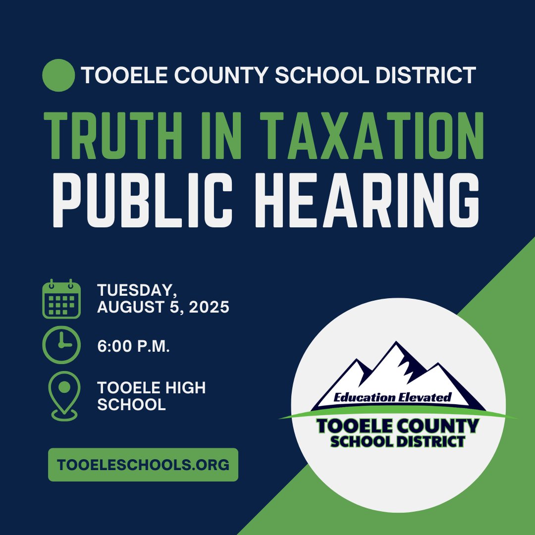 Truth in Taxation Hearing on Aug 5, 2025, at 6 PM at Tooele High School. Watch live at youtube.com/@TooeleSchools
Learn what is being proposed, why it matters, and share your input at: tooeleschools.org/departments/bu…