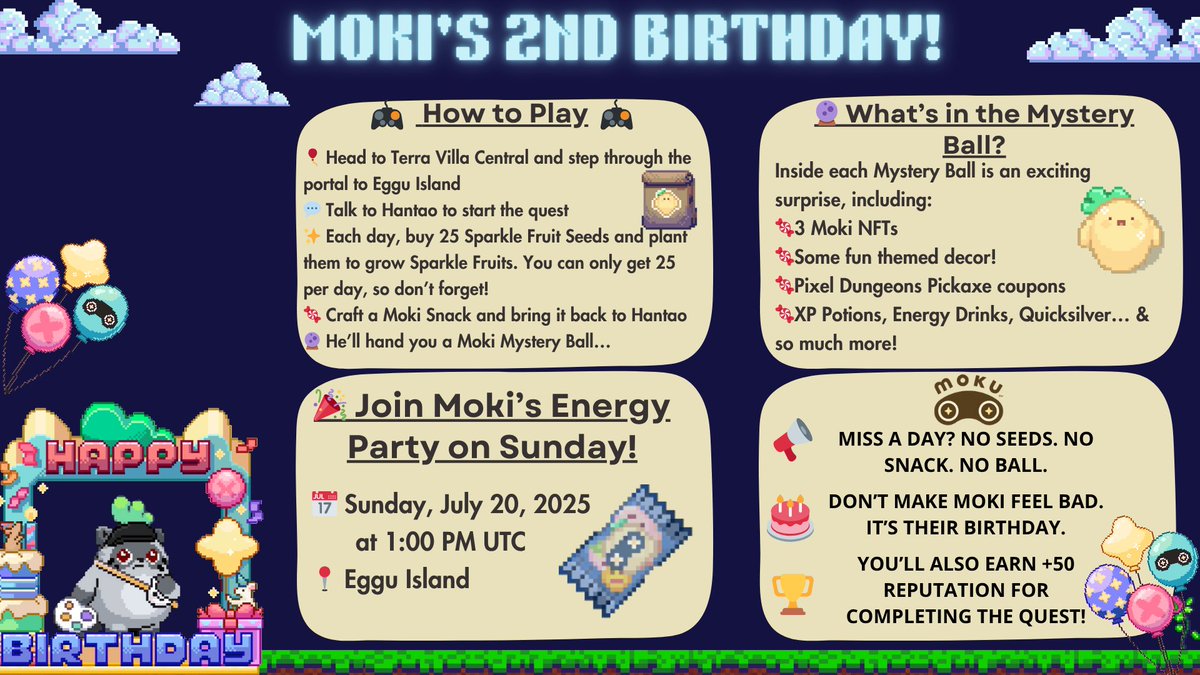 stark7_ron's tweet image. Hello @pixels_online fam 🧑‍🌾
 
Moki&apos;s 2nd Birthday Event is here!!🚨

Event Start 🔽
📅July 17 
⏰2:00 PM UTC
⌛️Duration: 4 days
📍 Eggu Island 

#PixelsCreator #PixelsCommunity