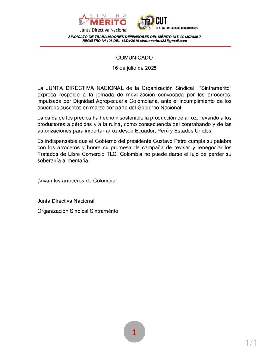 La Junta Directiva Nacional apoya la jornada de movilización de los arroceros <a href="/Dignidad_Agro/">DignidadAgropecuaria</a> <a href="/cutcolombia/">Central Unitaria de Trabajadores</a>