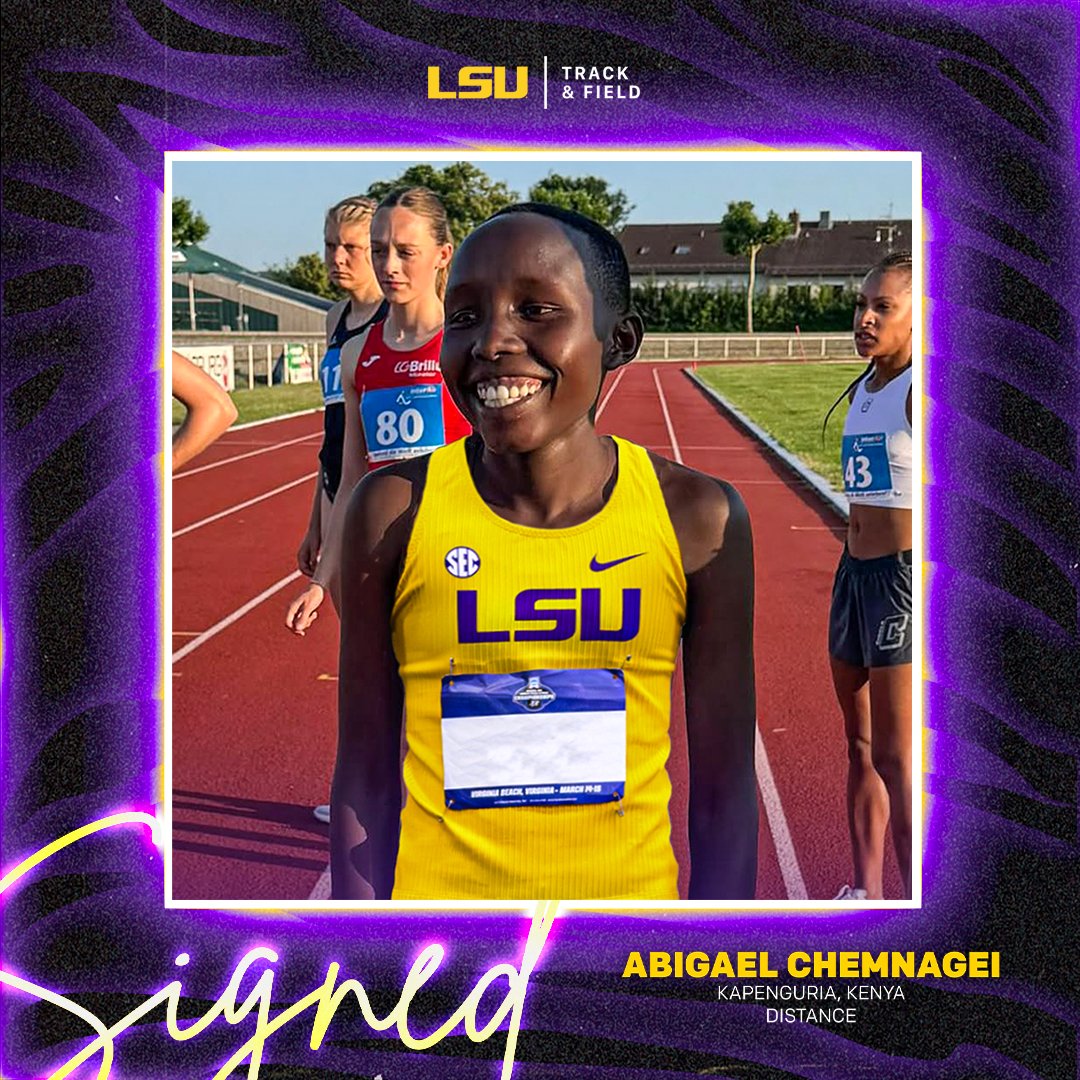 LSUTrackField's tweet image. Welcome to the Bayou, Abigael! ✍️
Abigael Chemnagei most recently recorded a 5000m PR of 15:29.55 in Germany, and finished 12th in the 2km at this year's Kenyan XC Championships.
📄 lsul.su/3IvHm20