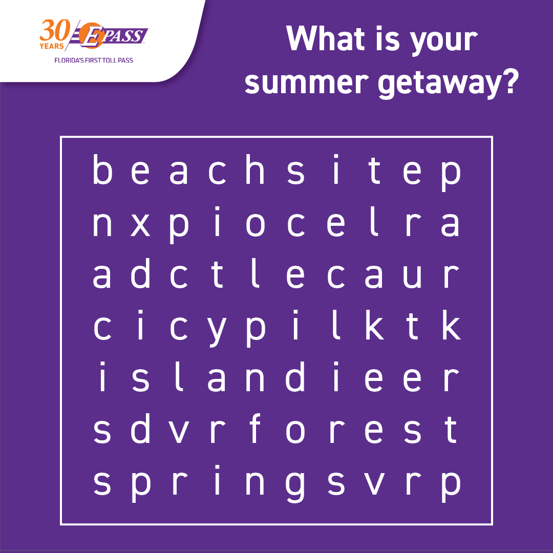 DriveEPASS's tweet photo. It’s #WordSearchWednesday! 🔍👀
The first word you see reveals your summer getaway. 🚗 💨
Let us know what word you spotted in a reply. 🧩👇
#EPASS30 #SummerGetaway #ChooseEPASS https://t.co/ZQRSPqV8Yc