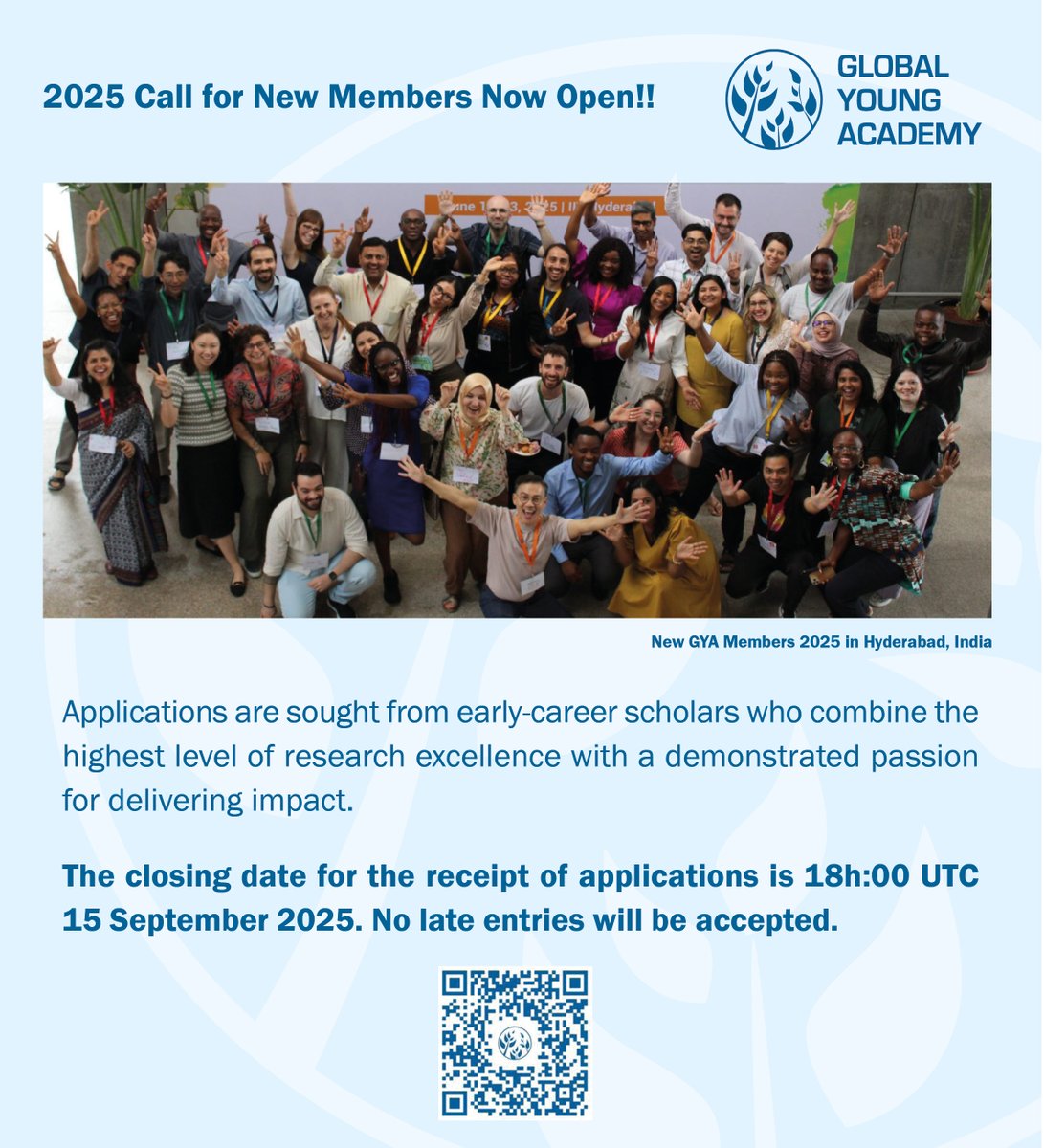 GlobalYAcademy's tweet image. 🚀 Shape the Future of Global Science & Society 🌐
The GYA is seeking exceptional #ECRs, scientists & scholars
✨ Collaborate across disciplines 🌱 Drive science-informed policy 🤝 Connect with leaders worldwide
🗓️ Learn more & apply by 15 September 2025…
