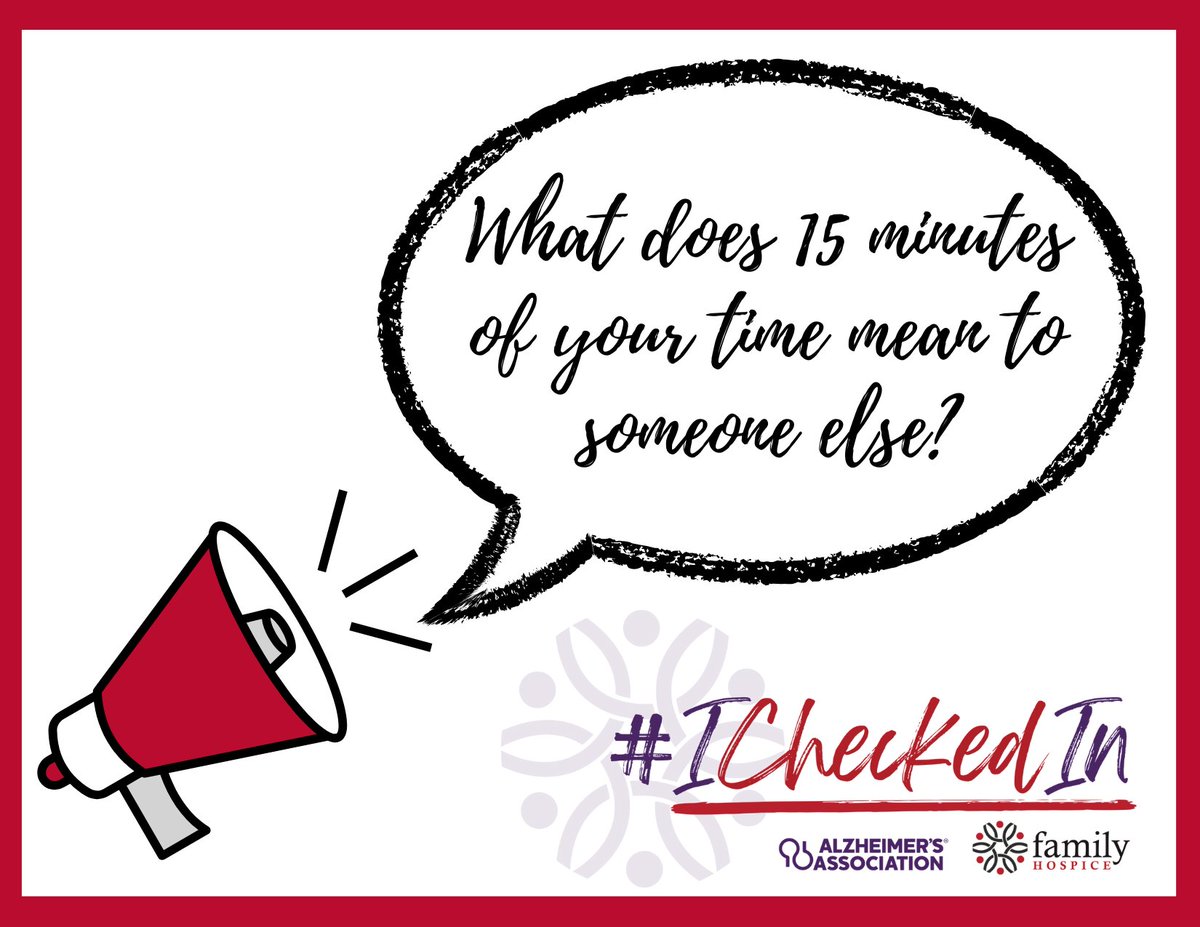 AlzGA's tweet image. 15 minutes is a small part of the week, but can be a big deal to people living with dementia. Join the #ICheckedIn movement. Take 15 minutes to call, text or visit someone with dementia. Share on social media using #ICheckedIn. #ENDALZ