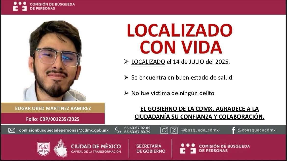 Se informa que el estudiante Edgar Obed Martínez Ramírez, alumno del Conservatorio Nacional de Música,  ha sido localizado. Agradecemos su solidaridad, interés y apoyo.