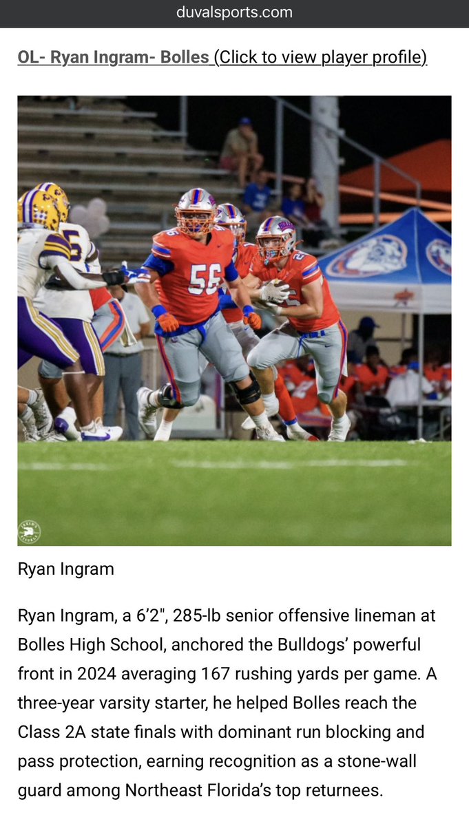 Ryan Ingram 2026 🗜️⭐️🗜️ (@ringram_55) on Twitter photo Honored to be named to <a href="/DuvalSports/">Duval Sports</a> 2024-25 Prime Time Players Second Team. Grateful to be recognized amongst the best athletes in North Florida! Locked in for that 💍
<a href="/Bolles_Football/">Bolles Football</a> <a href="/DeshawnBrownInc/">Deshawn Brown</a>
<a href="/AlphaSports_Inc/">Alpha Sports</a> <a href="/ToddFordham78/">Todd</a> Honored to be named to <a href="/DuvalSports/">Duval Sports</a> 2024-25 Prime Time Players Second Team. Grateful to be recognized amongst the best athletes in North Florida! Locked in for that 💍
<a href="/Bolles_Football/">Bolles Football</a> <a href="/DeshawnBrownInc/">Deshawn Brown</a>
<a href="/AlphaSports_Inc/">Alpha Sports</a> <a href="/ToddFordham78/">Todd</a>