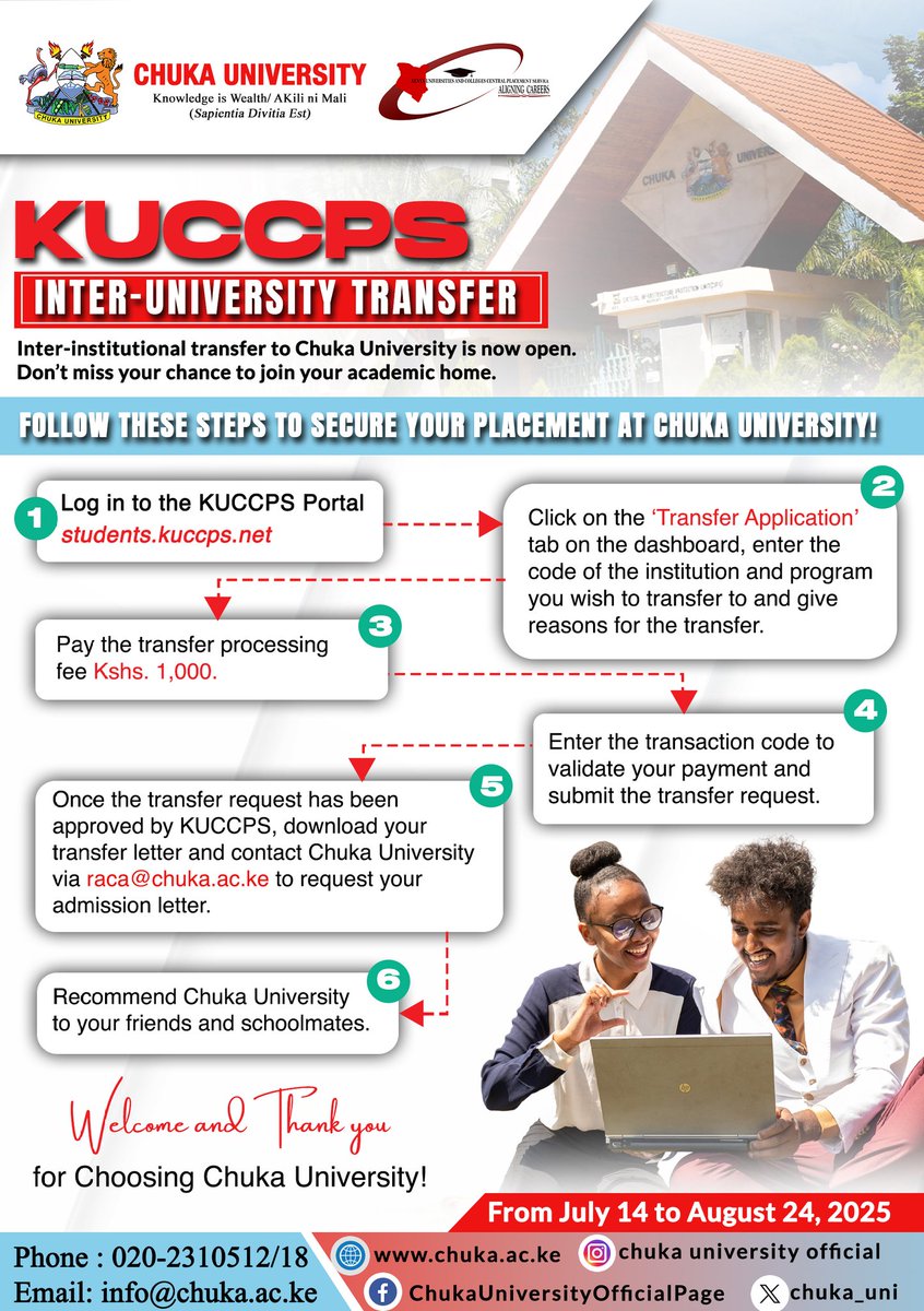 chuka__uni's tweet image. Looking to transfer and take your academic journey to the next level? You can now join Chuka University through the KUCCPS Inter-Institutional Transfer!📢
Become part of a dynamic, student-centered institution known for:
✅ Academic excellence
✅ Supportive and inclusive…
