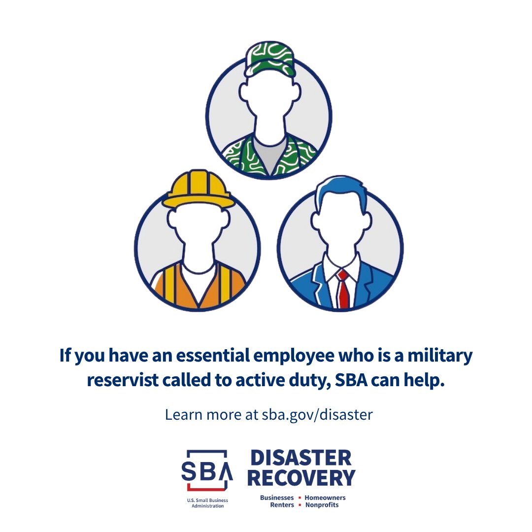 SBA_ODRR's tweet image. #DYK @SBAgov provides loans to help small businesses, nonprofits, and religious organizations with operating expenses to make up for employees on active duty leave? Learn more: bit.ly/463czDx