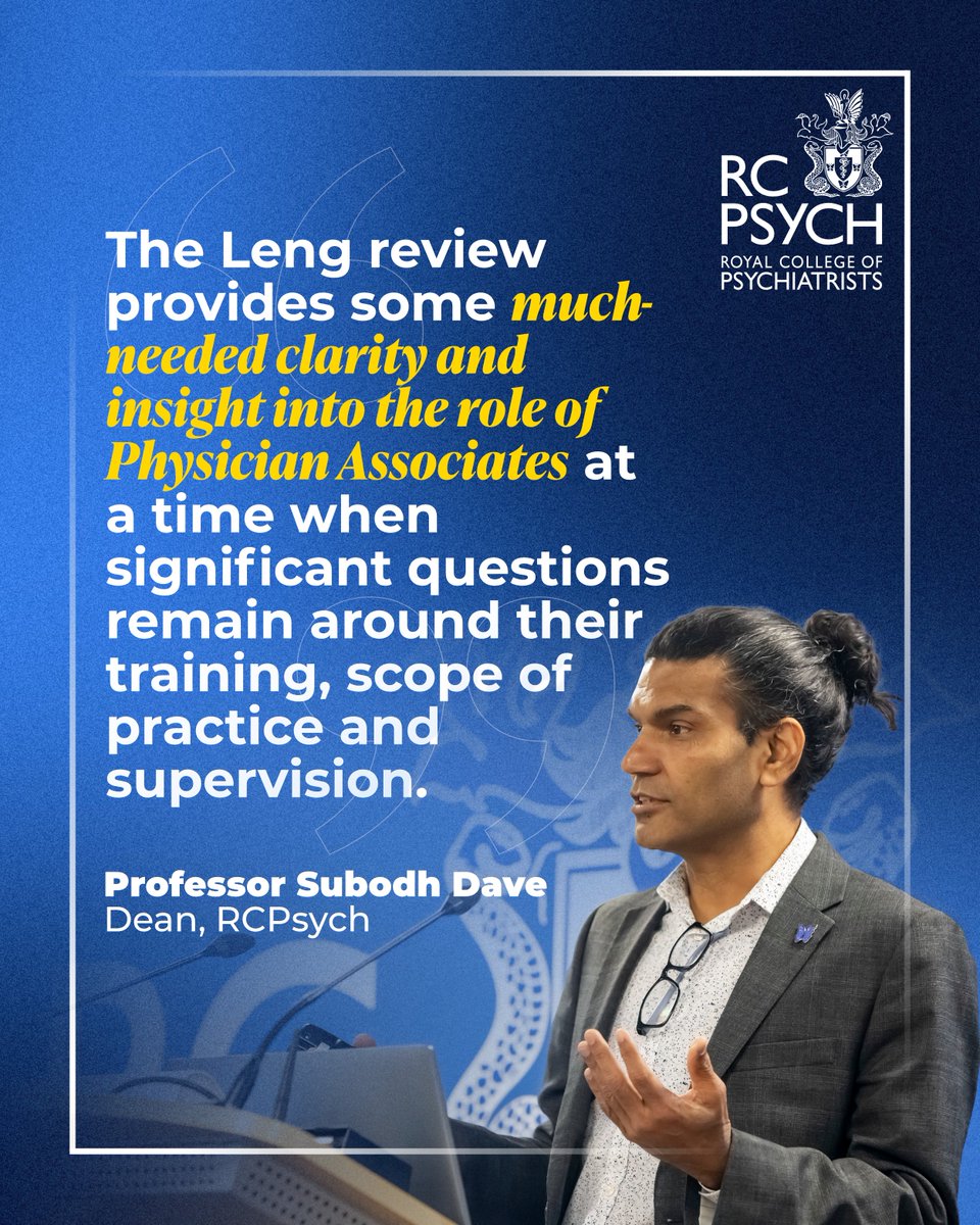 rcpsych's tweet image. Today, the Government has published the findings of an independent review of Physician Associate (PA) and Anaesthesia Associate (AA) professions.
Responding to the review, Professor @subodhdave1, Dean of the Royal College of Psychiatrists, said: rcpsych.ac.uk/news-and-featu…