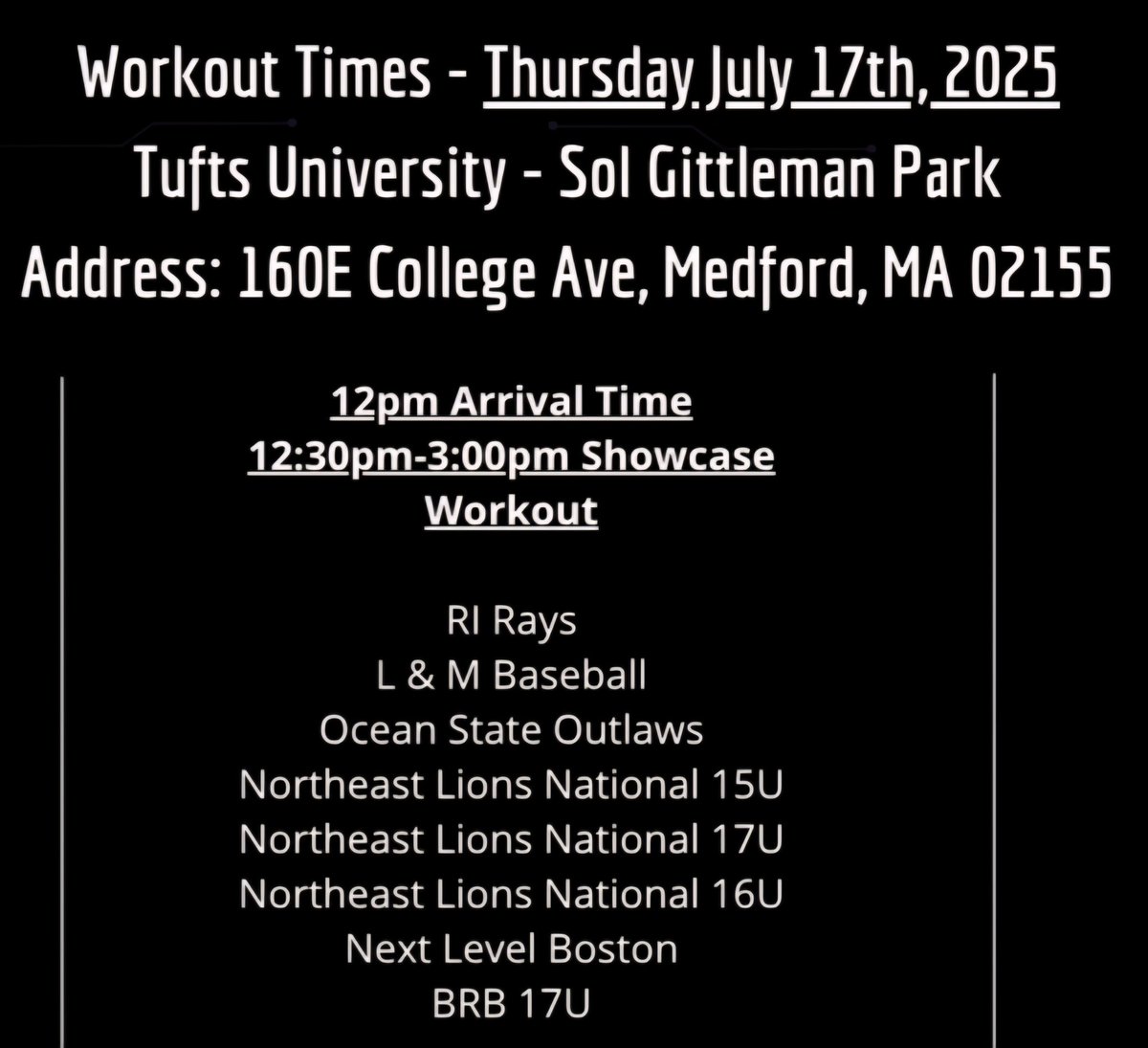 Next Level Boston ⚾️ (@nlb_sports) on Twitter photo Tomorrow, our 17U team will showcase their skills at Tufts University 12:30PM as part of the Best of New England Championships tournament! <a href="/BUSShowcase/">Best in the US Showcases</a>
Uncommitted 2026s:
Lucas Evans 1B/LHP
Matthew Griffin RHP
Griff Conley C
Thomas Maguire OF
Luis Mejia INF
Alex Jacoby RHP Tomorrow, our 17U team will showcase their skills at Tufts University 12:30PM as part of the Best of New England Championships tournament! <a href="/BUSShowcase/">Best in the US Showcases</a>
Uncommitted 2026s:
Lucas Evans 1B/LHP
Matthew Griffin RHP
Griff Conley C
Thomas Maguire OF
Luis Mejia INF
Alex Jacoby RHP