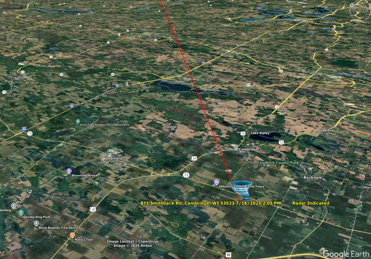 STORM_GPS_2's tweet image. At 205 PM CDT , a severe thunderstorm capable of producing a tornado was located near Cambridge , or 8 miles northeast of Stoughton , moving northeast at 30 MPH HAZARD...Tornado. SOURCE...Radar indicated rotation. This storm has a history of producing a tornado #WIWX