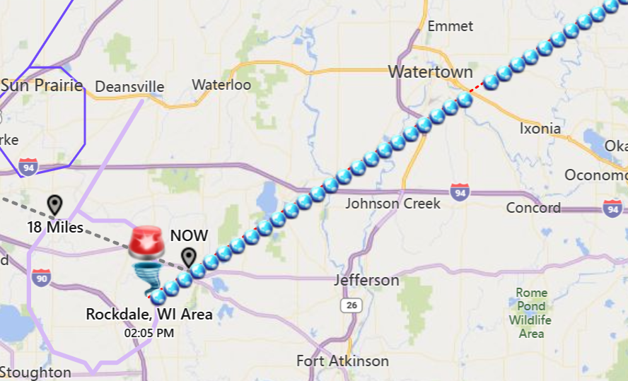 STORM_GPS_2's tweet image. At 205 PM CDT , a severe thunderstorm capable of producing a tornado was located near Cambridge , or 8 miles northeast of Stoughton , moving northeast at 30 MPH HAZARD...Tornado. SOURCE...Radar indicated rotation. This storm has a history of producing a tornado #WIWX